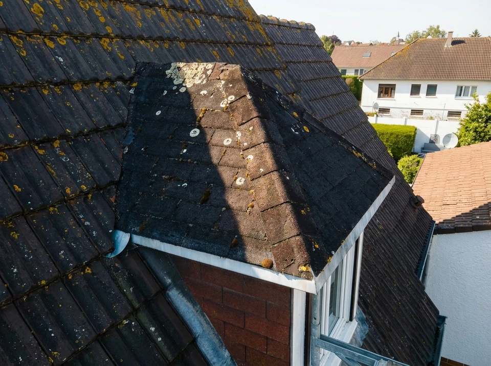 Ouvrier en combinaison bleue travaillant sur toiture en tuiles d'argile rouge-orange d'une maison m&eacute;diterran&eacute;enne