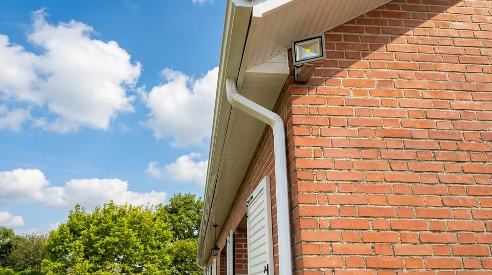 Ouvrier couvreur en tenue de protection travaillant sur toiture en tuiles mécaniques grises, ciel bleu dégagé