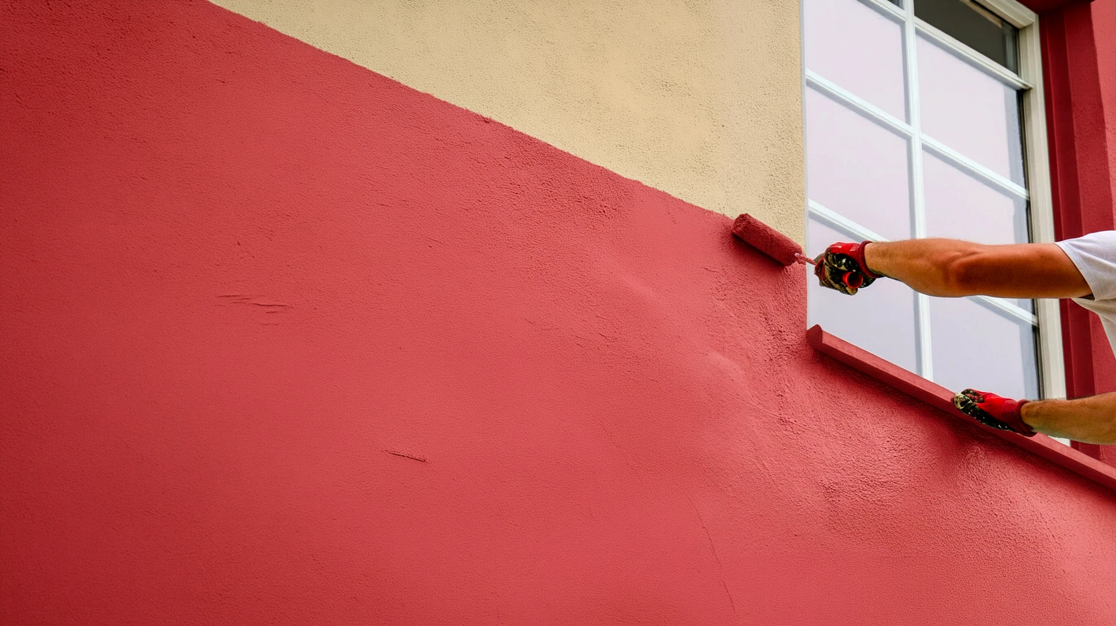Un ouvrier en équipement de sécurité applique un enduit gris sur la façade extérieure d'un bâtiment