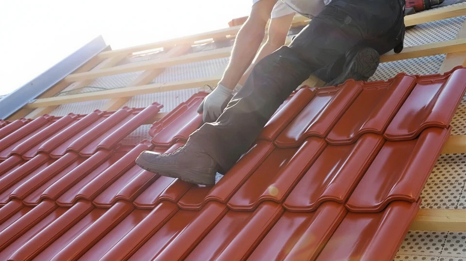 Couvreur installant des tuiles sur une toiture en construction, travaillant à genoux sur des tuiles noires brillantes
